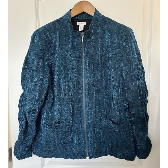 Chicos Womens Jacket Size 3 Shimmer Teal Textured Retro Elegant Dressy Casual - Picture 2 of 12